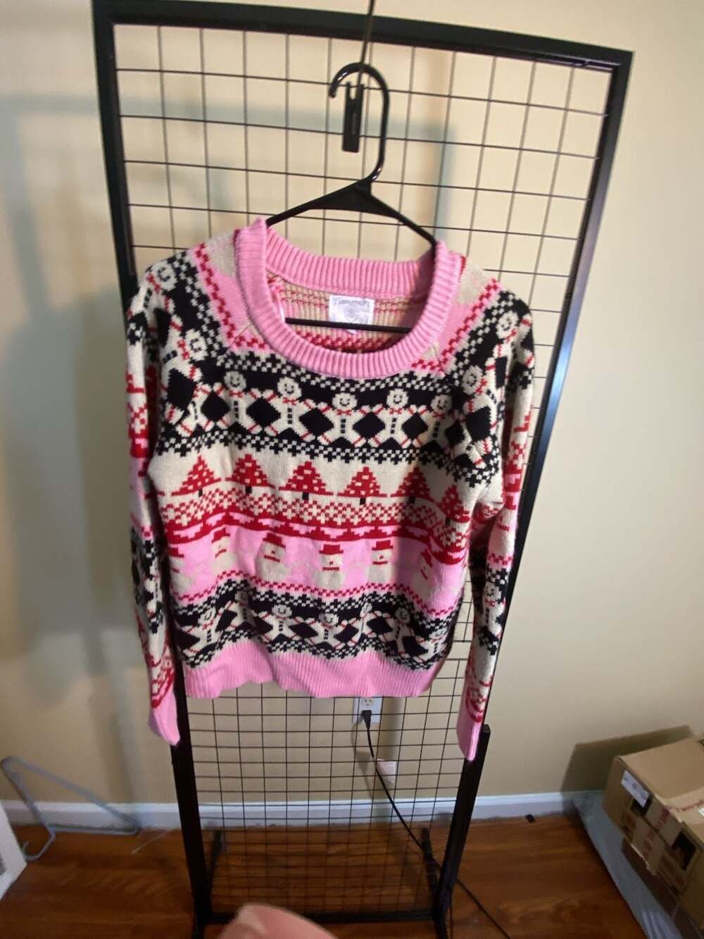 Absolutely Pink Christmas Holiday Sweater with Snowmen and Trees Size L